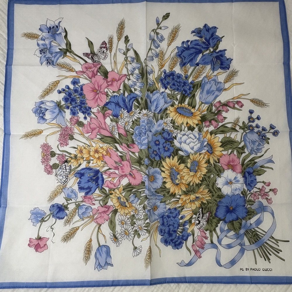 Paolo Gucci Scarf Handkerchief Floral Butterfly Cotton Blue White Logo 17.5"